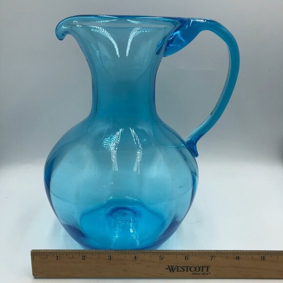 Blue Glass Pitcher Handblown Beverage Entertaining Drinkware Serveware - Picture 13 of 14